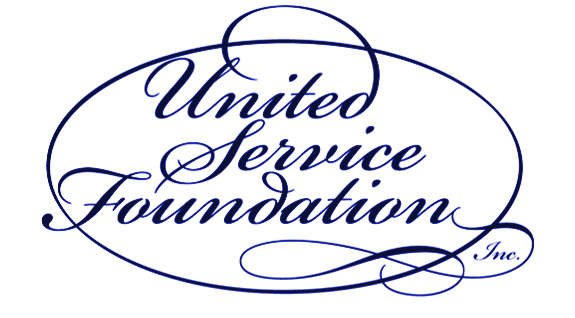 Blue script logo reads “United Service Foundation Inc.” with decorative swirls encircling and underlining the text on a transparent background.