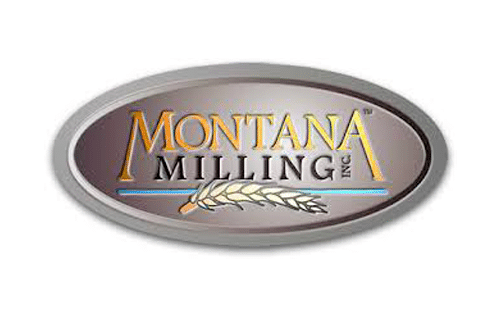 Oval logo for Montana Milling Inc. featuring the company name in gold and blue letters with an illustration of a wheat stalk underneath on a silver-gray background.