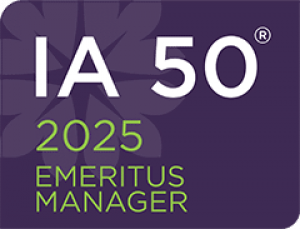 Purple graphic with white text "IA 50®" and green text "2025 EMERITUS MANAGER" below.