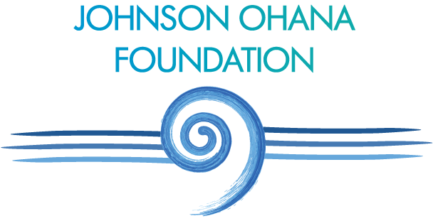 Logo for the Johnson Ohana Foundation with teal text above a blue spiral and wave-like lines, symbolizing water and movement.