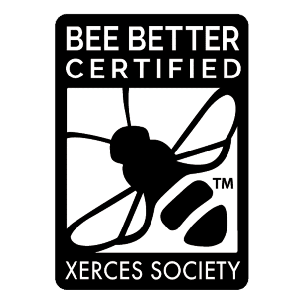 Black and white logo featuring a bee illustration with the words "Bee Better Certified" above and "Xerces Society" below.
