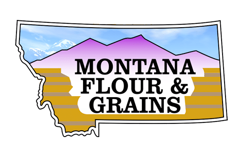 Outline of Montana state with stylized mountains and fields in the background. Text in bold reads "Montana Flour & Grains" at the center of the image.