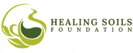 Logo of Healing Soils Foundation featuring a stylized green and beige circular design with abstract leaves and soil, accompanied by bold green text saying "HEALING SOILS FOUNDATION.