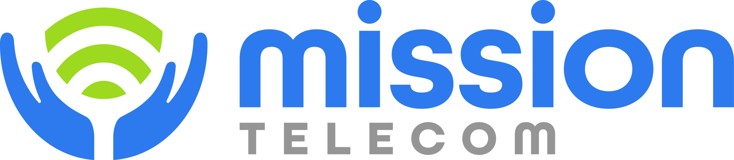 Logo for Mission Telecom featuring blue text, with a green and blue icon resembling radio waves held by two stylized hands on the left side of the word "mission TELECOM.