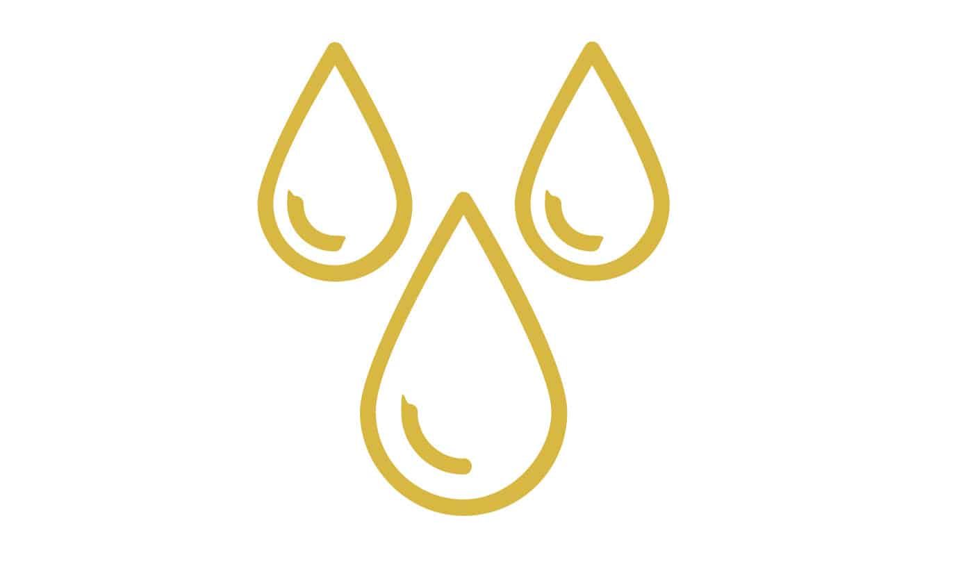Three simple gold-colored droplet icons are arranged on a white background, with two smaller drops above and to the sides of one larger central drop.