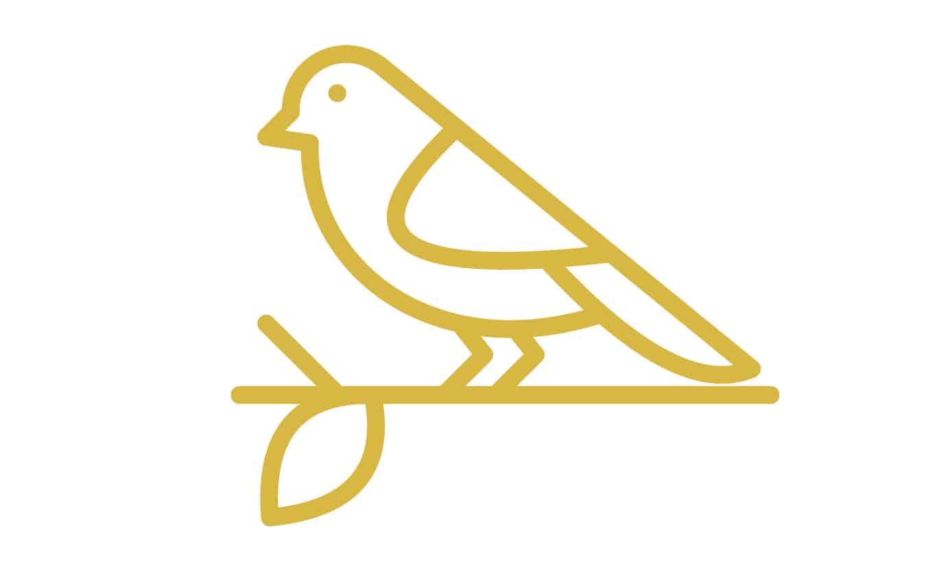A simple yellow line drawing of a bird perched on a branch with a single leaf, set against a white background.
