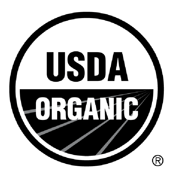 Black and white circular USDA Organic certification logo with "USDA" above "ORGANIC" and stylized lines representing a field below the text.