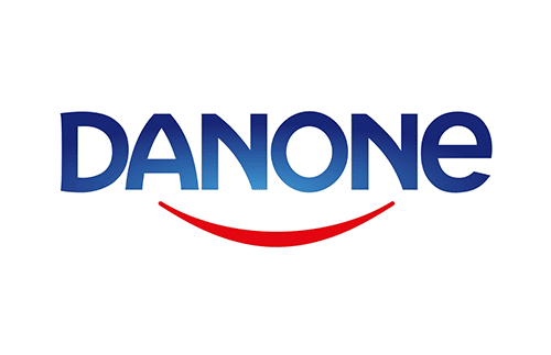 The image shows the Danone logo, featuring the word "DANONE" in blue uppercase letters. Below the text is a red curved line resembling a smile, against a white background.