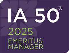 Purple graphic with white text "IA 50®" and green text "2025 EMERITUS MANAGER" below.