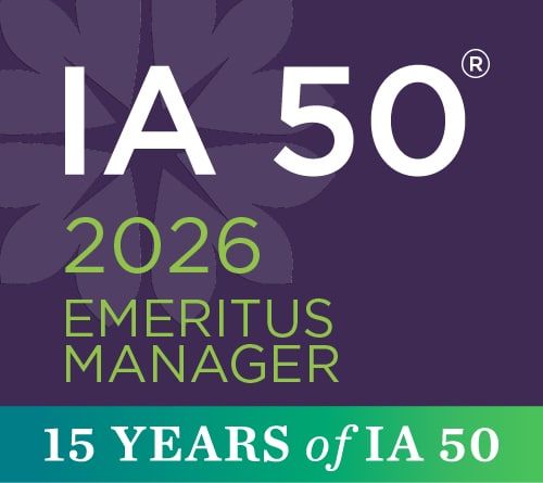 A graphic with the text "IA 50® 2026 EMERITUS MANAGER" on a purple background, and "15 YEARS of IA 50" on a green gradient banner at the bottom. Subtle leaf shapes are in the background.