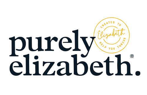 The Purely Elizabeth logo in black lowercase letters, with a circular gold stamp above that reads “Created to help you thrive – Elizabeth.”.