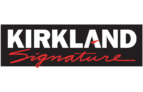 Kirkland Signature logo with “KIRKLAND” in bold white letters on a black background and “Signature” in red cursive script underneath.