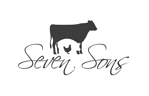 Silhouette of a cow and a chicken standing beneath it, with the words "Seven Sons" in elegant script beneath the animals.