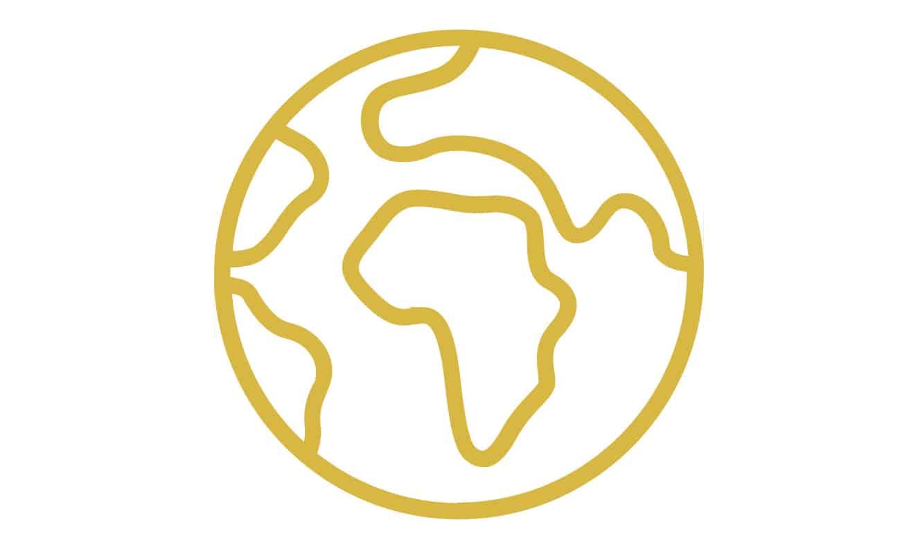 A simple gold outline drawing of Earth showing the continents of Africa and parts of Europe and Asia on a white background.