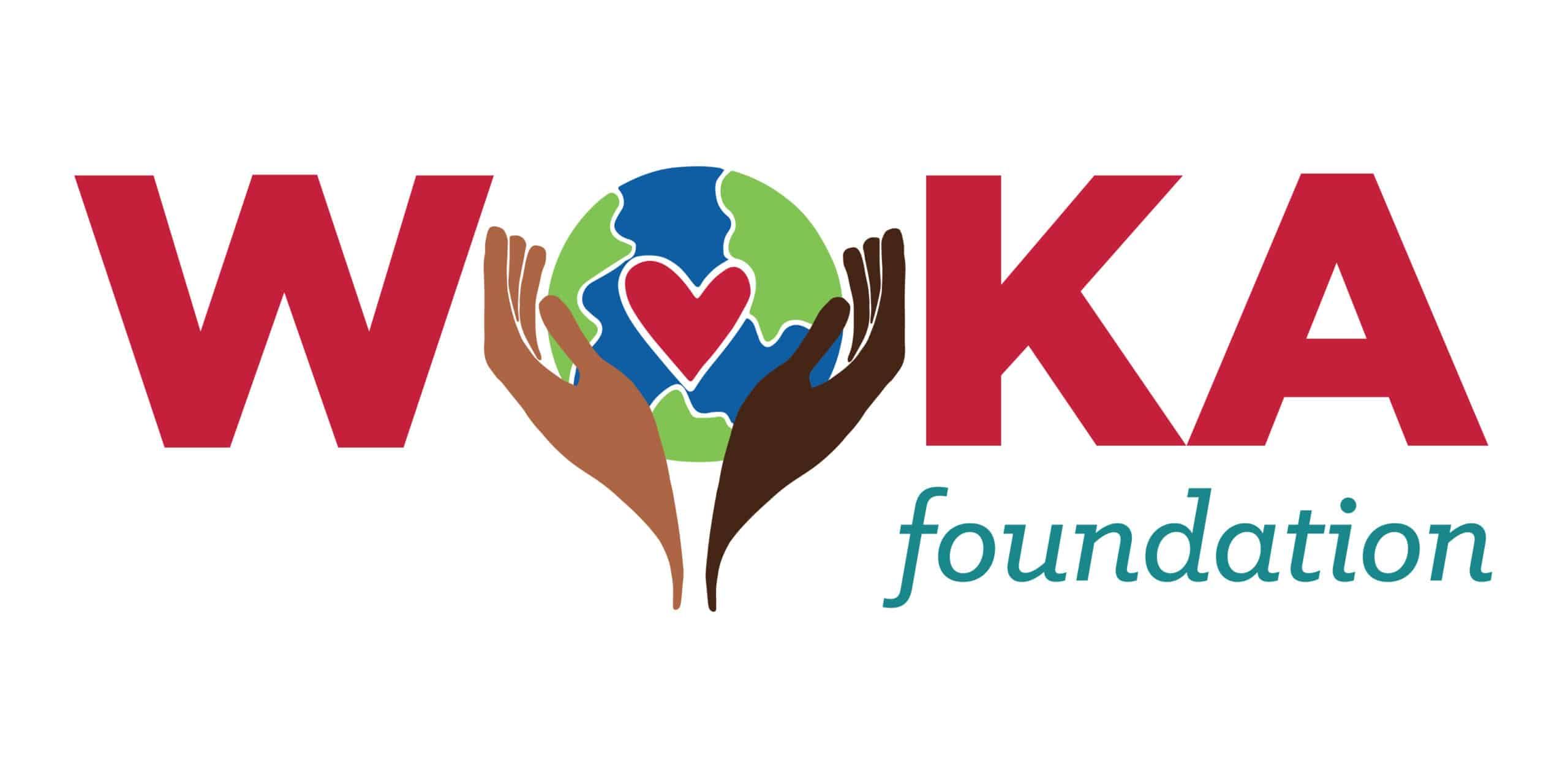 Logo for WOKA Foundation: The word “WOKA” in bold red letters, with two hands of different skin tones holding a globe with a red heart inside it as the letter “O.” The word “foundation” is in teal script on the right.