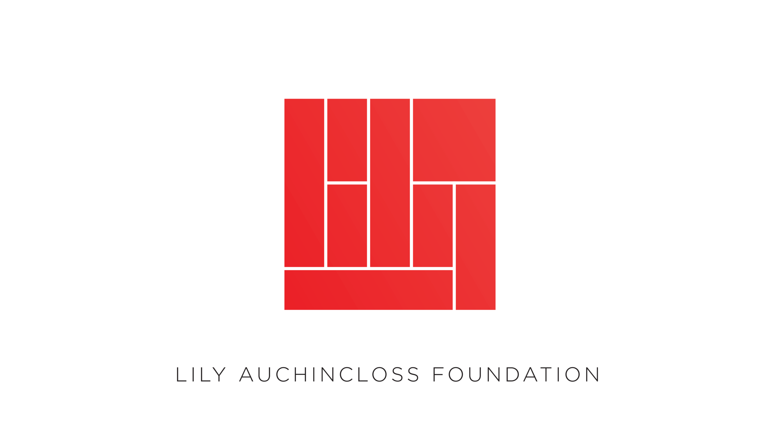 A red geometric square logo with rectangles and lines forming the letters "LAF" on a black background. Below, gray text reads "LILY AUCHINCLOSS FOUNDATION.