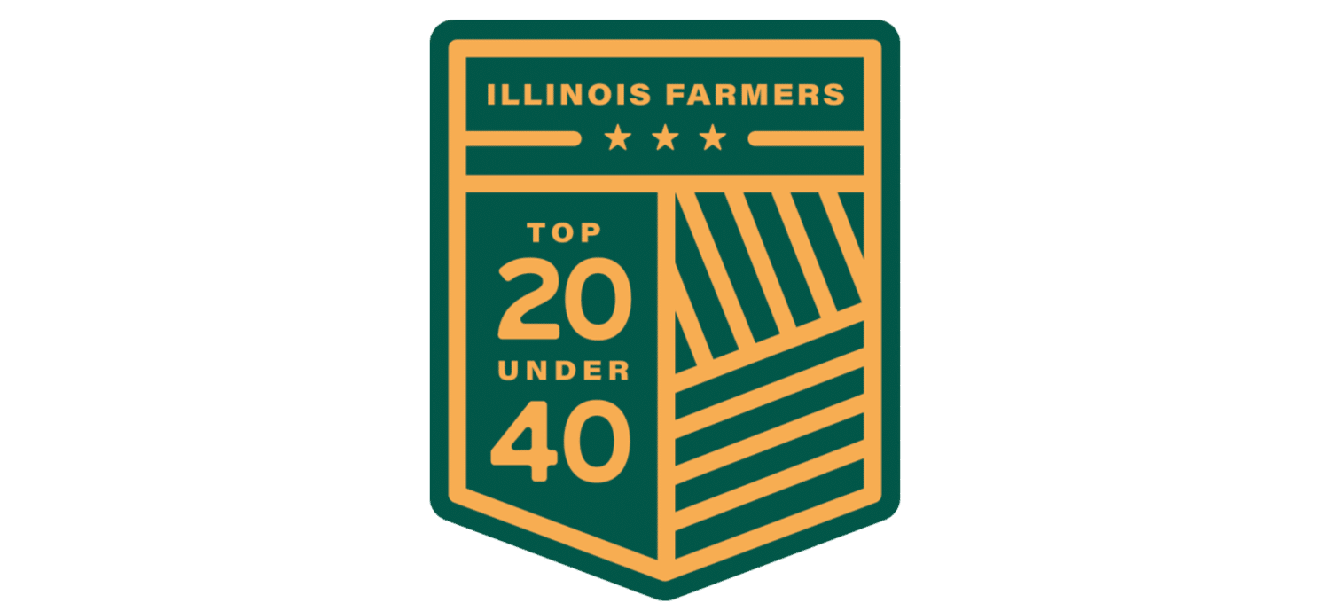 Green and yellow badge with text "Illinois Farmers" at the top, three stars, and "Top 20 Under 40" below. A diagonal striped design is on the right side.