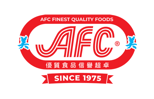 Logo of AFC Finest Quality Foods with the text "AFC" in red and white, surrounded by a red oval with blue characters on each side. Below, Chinese characters and "Since 1975" are written in a ribbon.