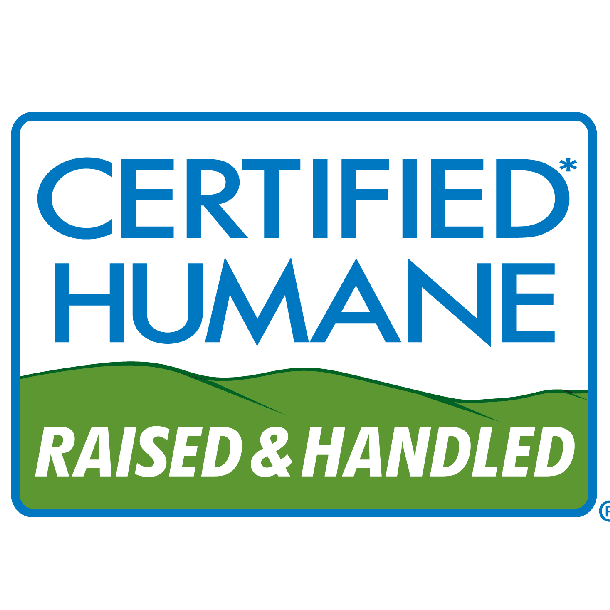 Certified Humane Raised & Handled logo; blue and white text above a green stylized field, indicating certification for humane animal treatment standards.