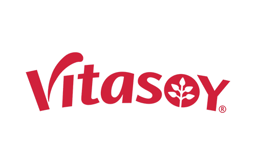 Red "Vitasoy" logo on a white background, with a stylized plant in the letter "o.