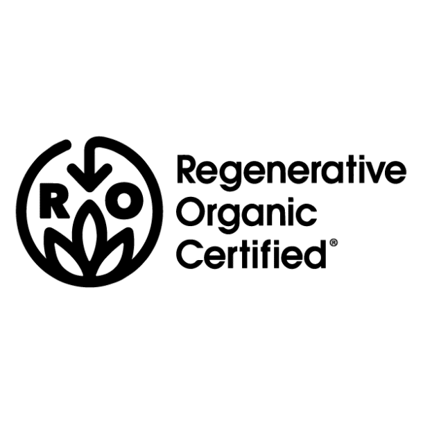 Black and white logo with the letters "R O" above a leaf symbol and an arrow, next to the text "Regenerative Organic Certified®.