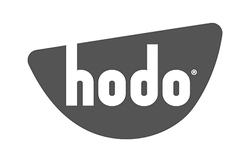 Black and white logo of "hodo" in lowercase, with the text inside a split semi-circle design.