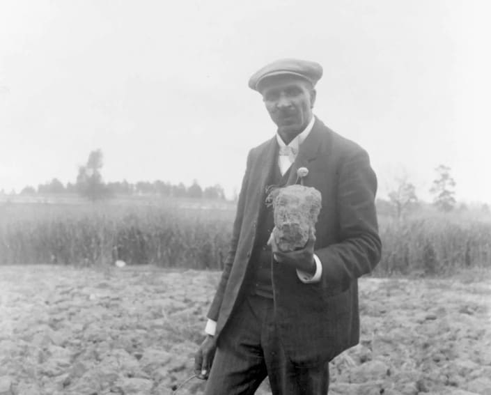 Dr. George Washington Carver holding a piece of soil in a field