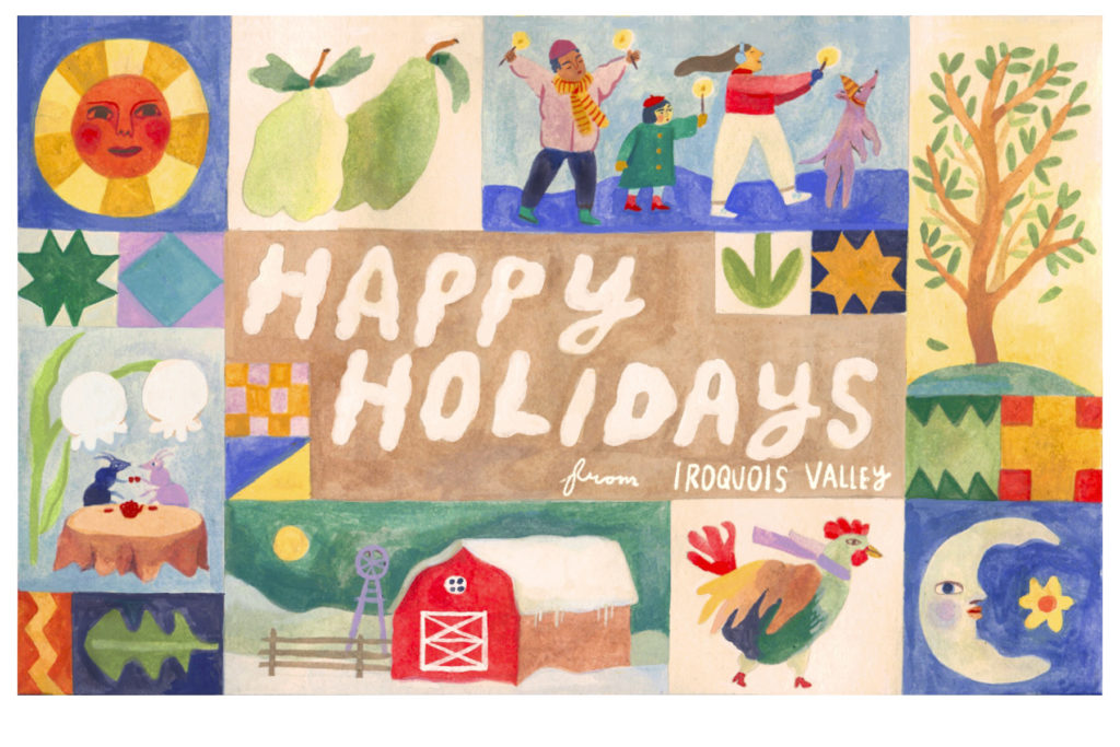 annual holiday gift guide postcard, images of farm related scenes in quilt design, barn, chicken, moon, sun, pears, flowers, and people