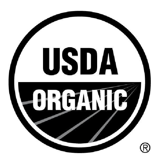 Black and white circular USDA Organic certification logo with "USDA" above "ORGANIC" and stylized lines representing a field below the text.