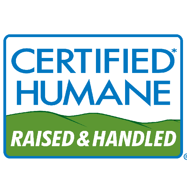 Certified Humane Raised & Handled logo; blue and white text above a green stylized field, indicating certification for humane animal treatment standards.