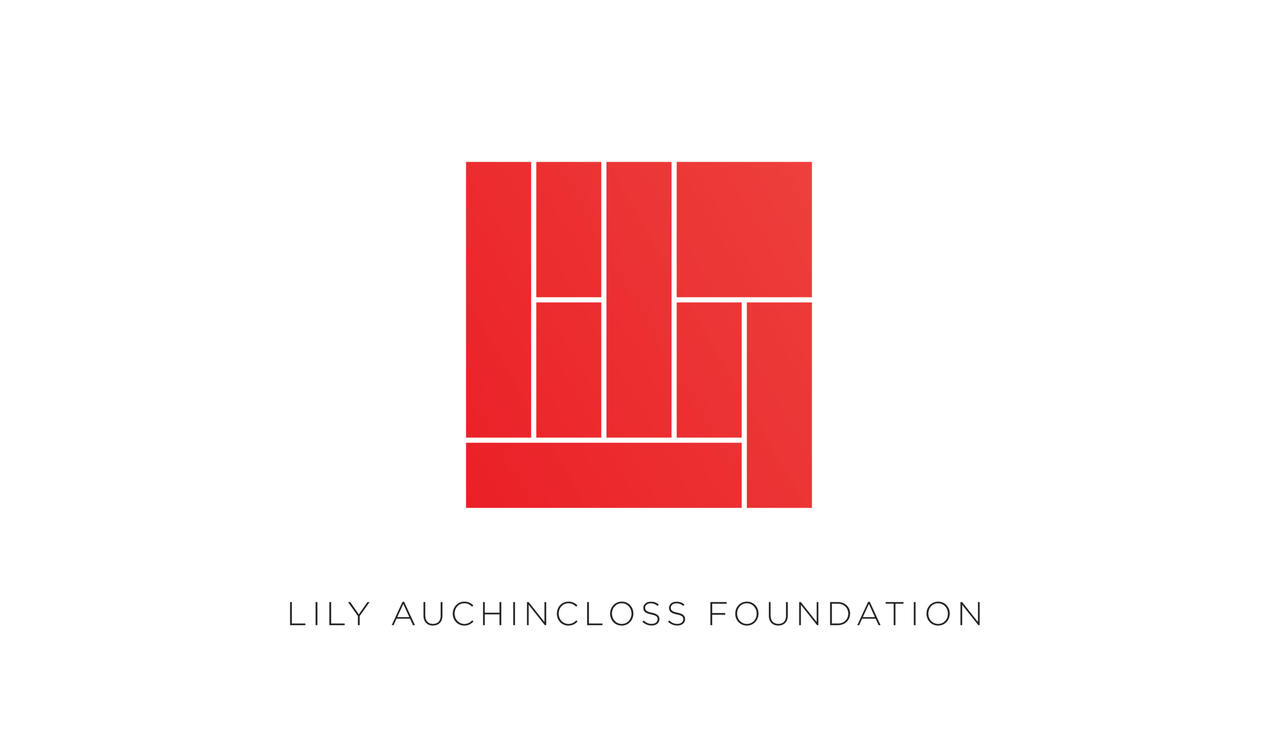 A red geometric square logo with rectangles and lines forming the letters "LAF" on a black background. Below, gray text reads "LILY AUCHINCLOSS FOUNDATION.