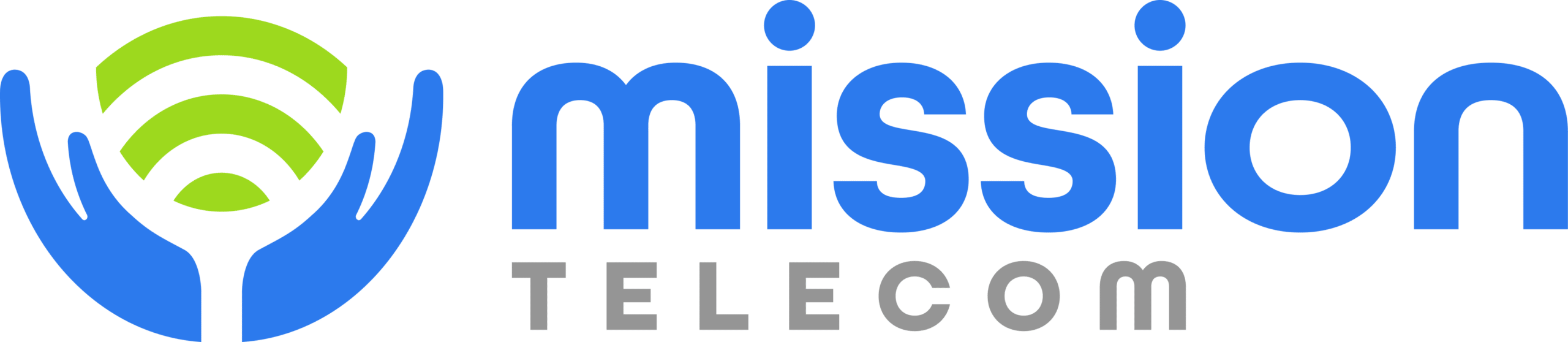 Logo for Mission Telecom featuring blue text, with a green and blue icon resembling radio waves held by two stylized hands on the left side of the word "mission TELECOM.