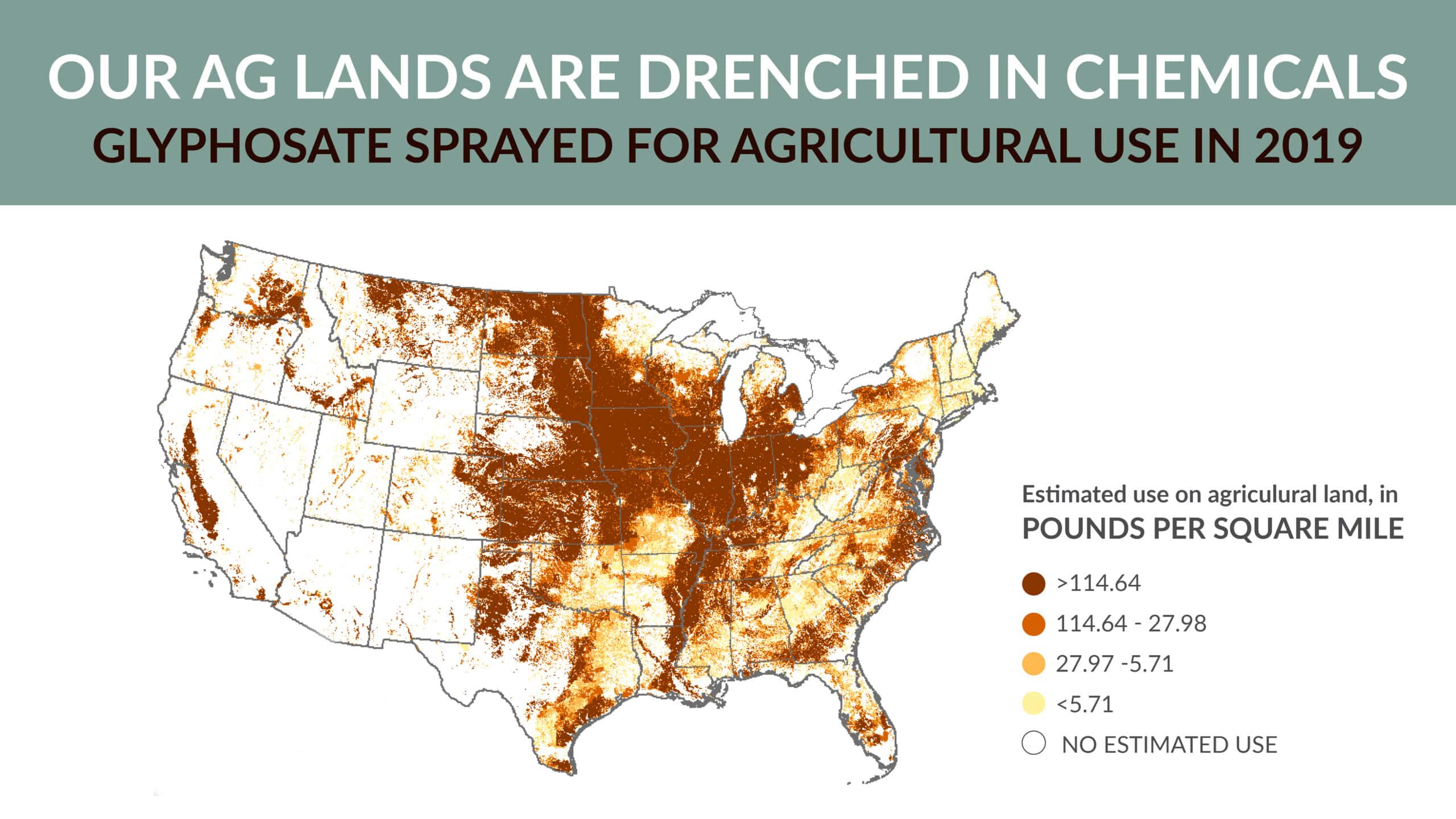 Map of the U.S. showing estimated glyphosate use on agricultural land in 2019, with areas shaded from light yellow (low use) to dark brown (high use). Most heavy use is in the Midwest and parts of the South.