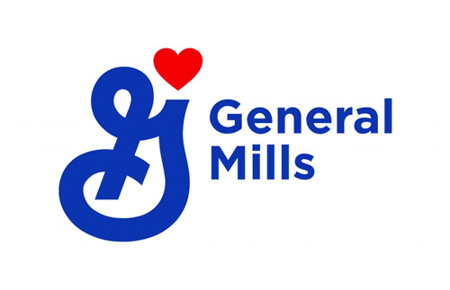 The General Mills logo features a blue script "G" with a red heart above it, next to the words "General Mills" in blue text on a white background.