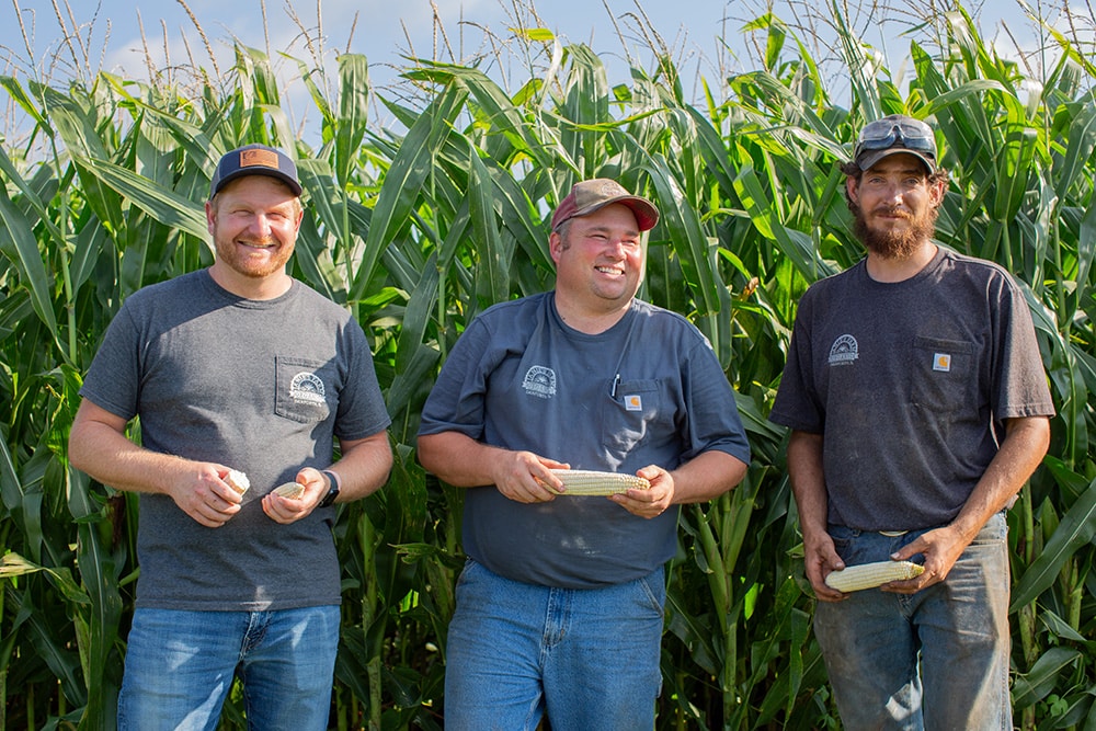 Three men in casual work clothes and hats stand in front of tall green corn plants, smiling and holding ears of corn on a sunny day.