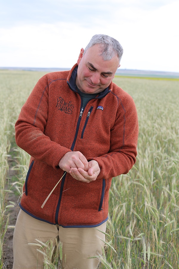 A man wearing an orange jacket stands in a field of tall grass, examining plants in his hands while looking down and smiling.