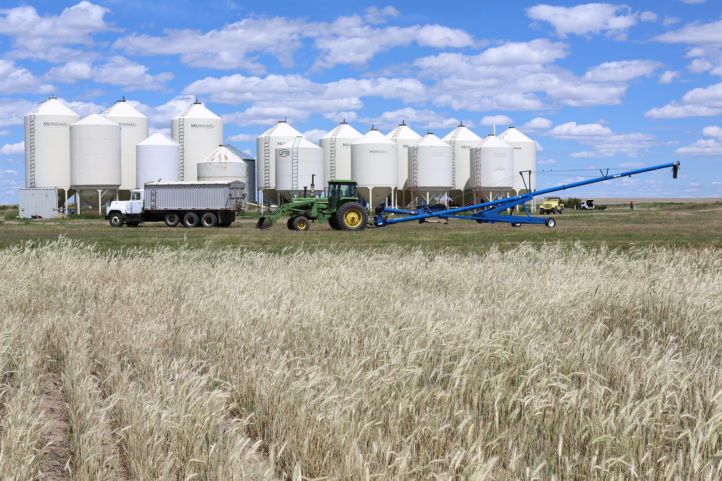 A green tractor and a truck are parked near large white grain silos under a blue sky with clouds, with tall grass and crops in the foreground.