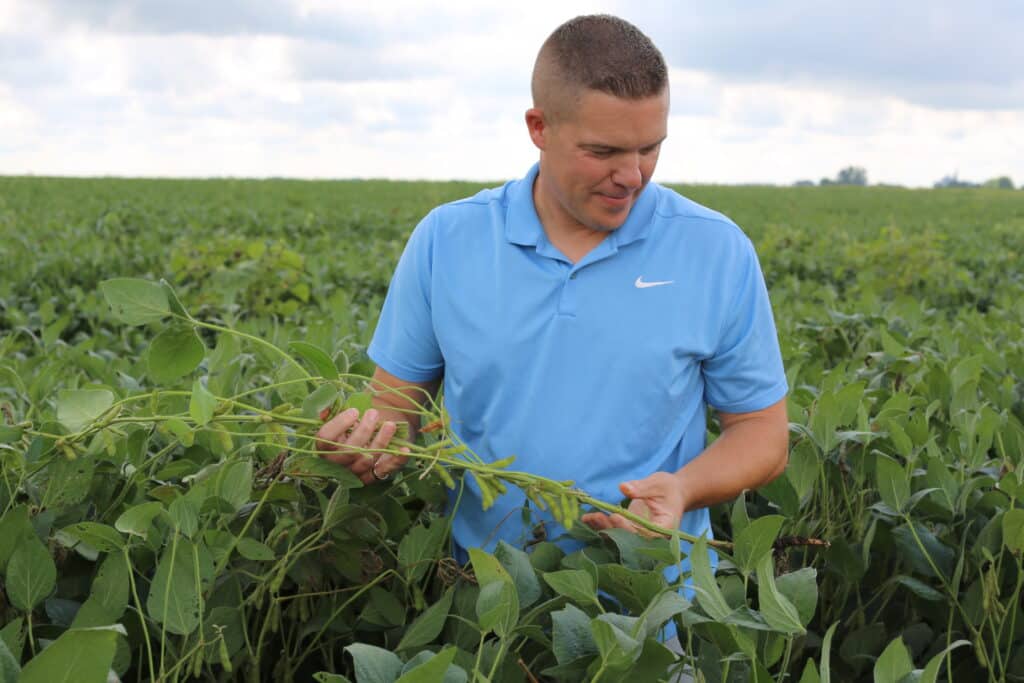 A man in a light blue polo shirt stands in a green soybean field, examining a plant with both hands under a partly cloudy sky.