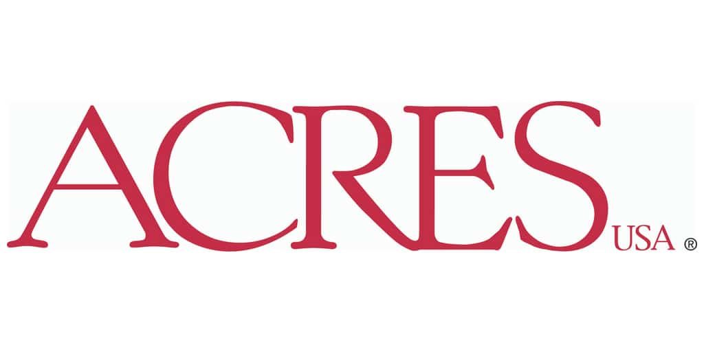 The image shows the "ACRES USA" logo in large, red, uppercase serif letters on a white background.