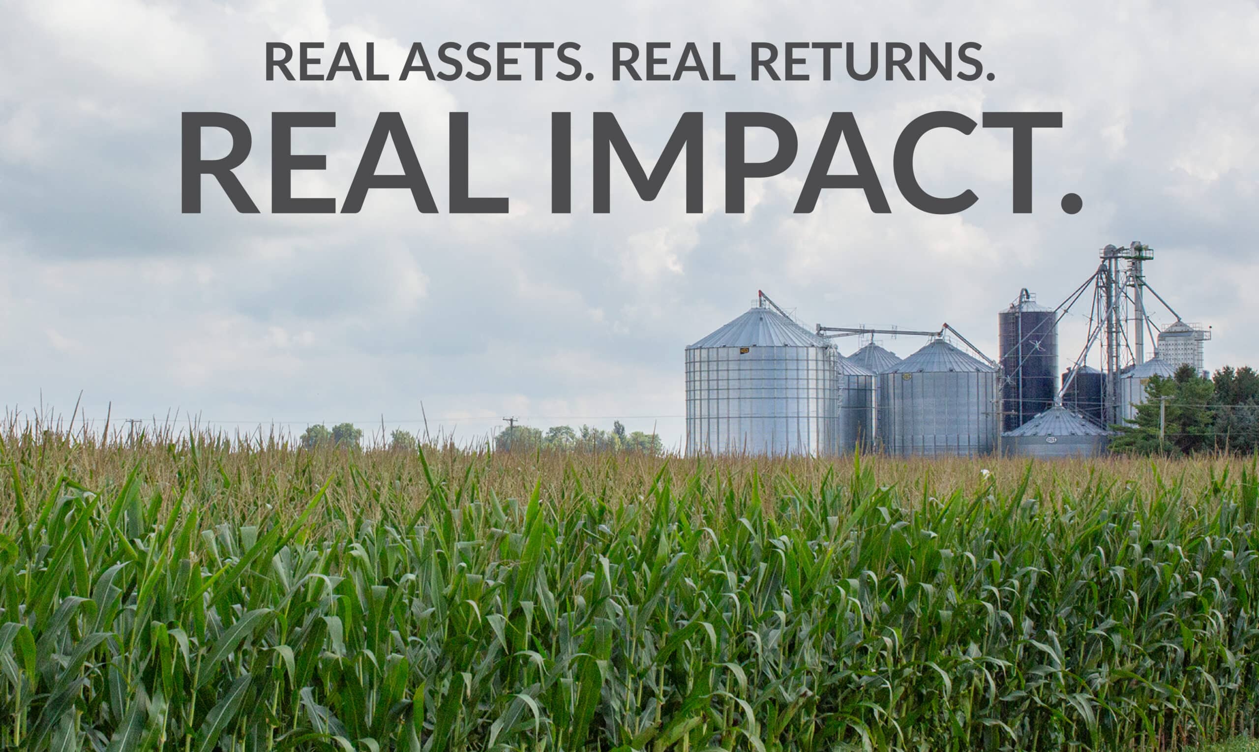 A field of tall green corn plants with large silver grain silos and farm equipment in the background. Text over the image reads: "Real assets. Real returns. Real impact.