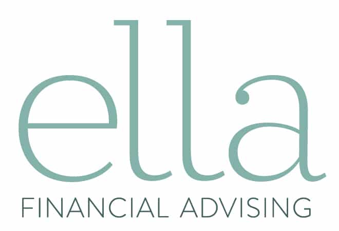 Logo with large, light green text reading "ella" above smaller text that says "FINANCIAL ADVISING" in all caps. The design is simple, modern, and uses a clean, serif font.