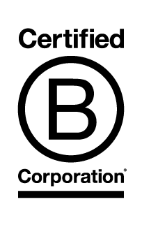 Black and white "Certified B Corporation" logo with a large capital letter B inside a circle, the words "Certified" above and "Corporation" below, separated by black lines, on a light gray background.