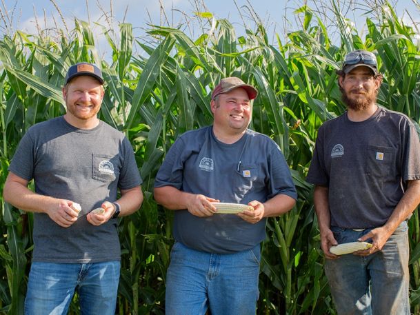 Three men in casual work clothes and hats stand in front of tall green corn plants, smiling and holding ears of corn on a sunny day.